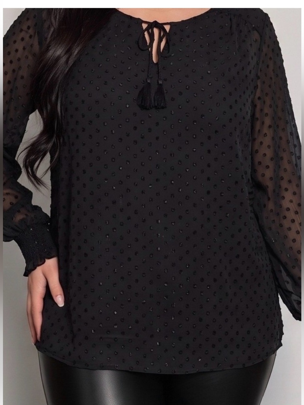 Ava & Viv Black Swiss Dot Tassel Tie Blouse